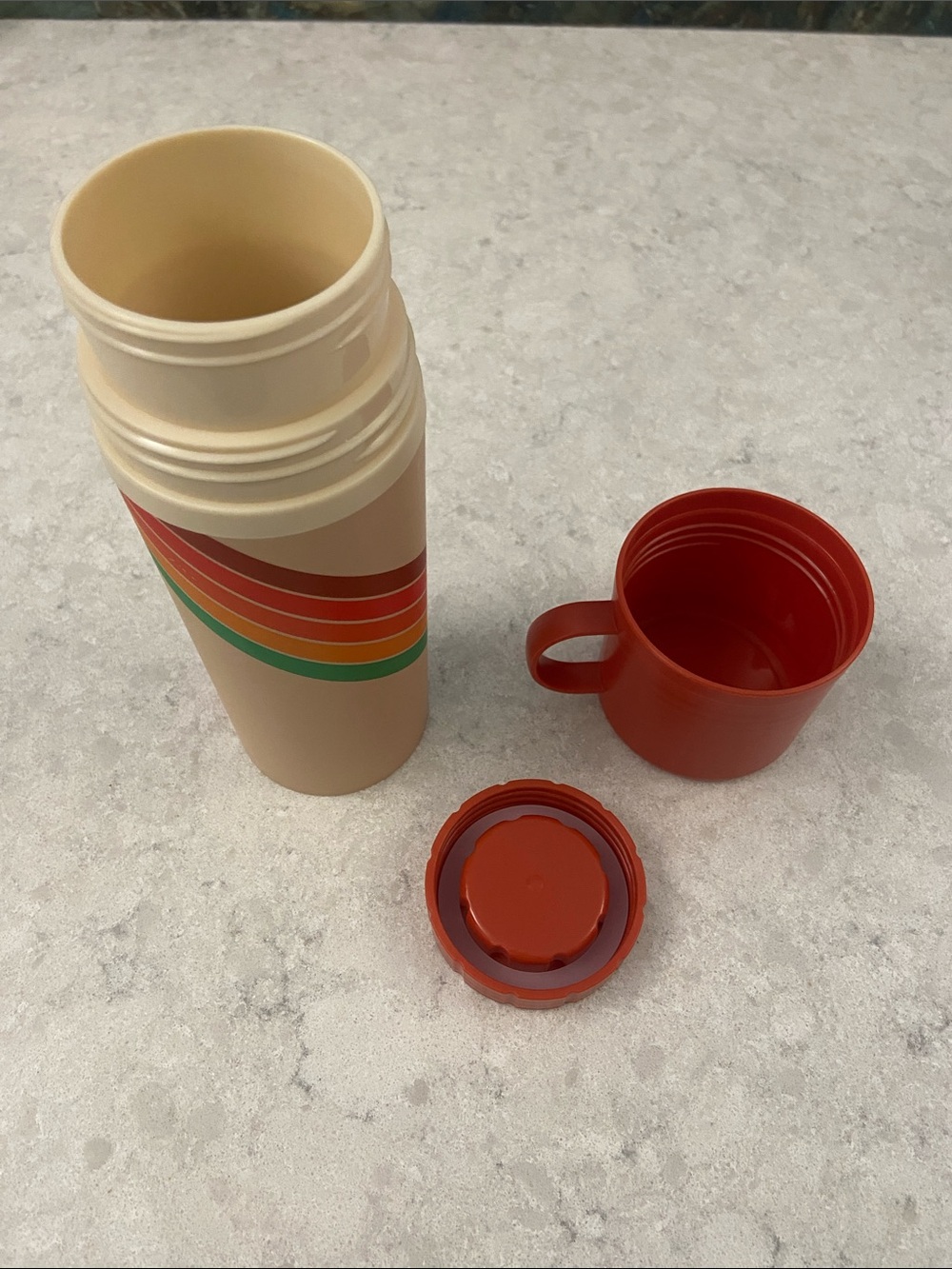 Retro Stripe Beige Thermos with Red Lid. Holds 12 fl. oz. - Picture 3 of 7